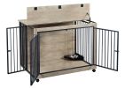 Furniture Style Dog Crate Side Table With Rotatable Feeding Bowl, Wheels, Three Doors, Flip-Up Top Opening. Indoor, Grey, 43.7"W x 30"D x 33.7"H